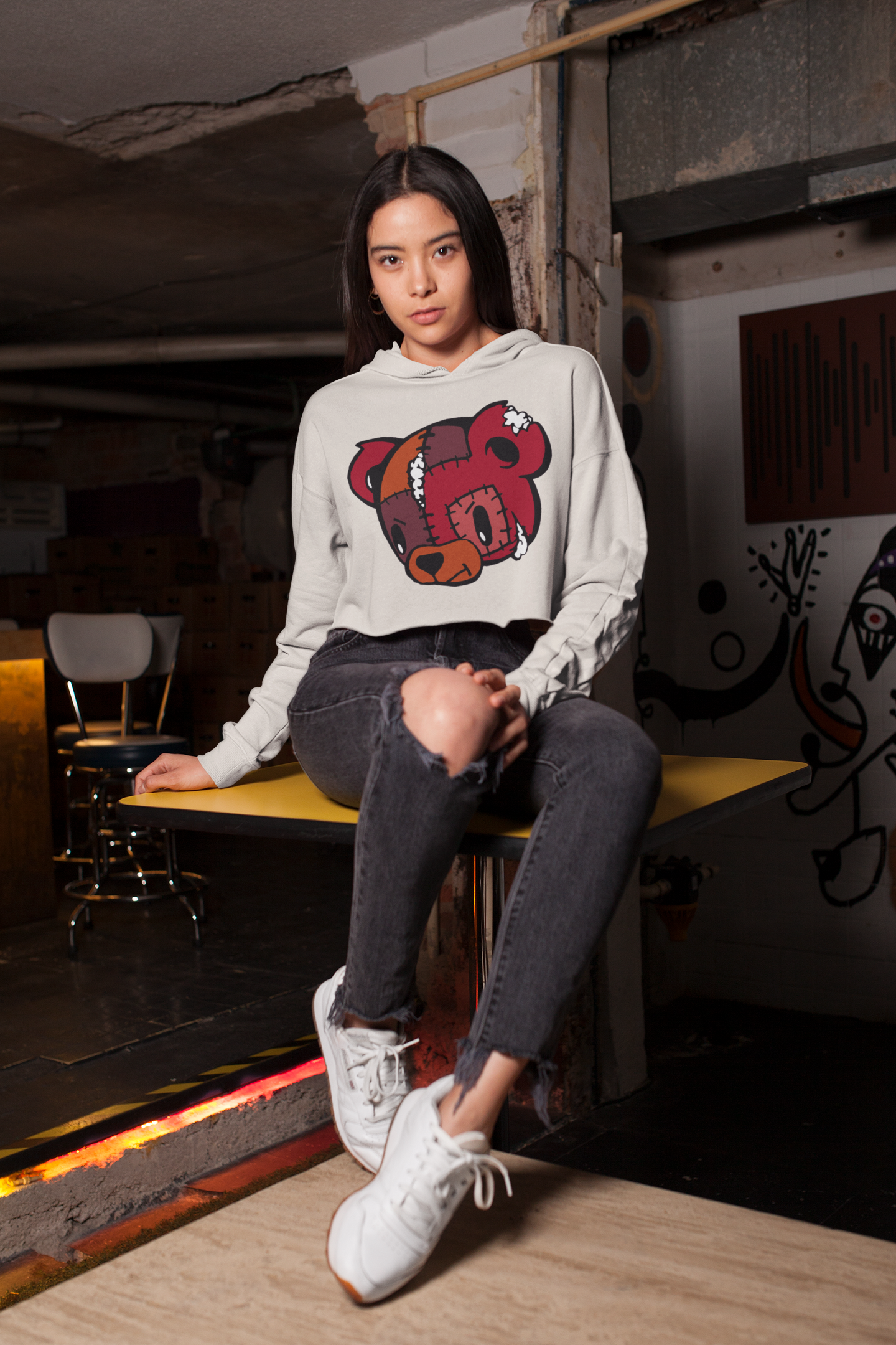 Patchwork Bear Womans Crop Hoodie